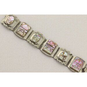 Sterling Silver Abalone Carved Face Bracelet 6 3/4" inch